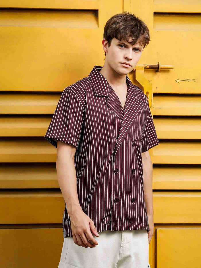 House Of Koala Brown Stripe Korean Notched Lapel Collar Resort Shirt