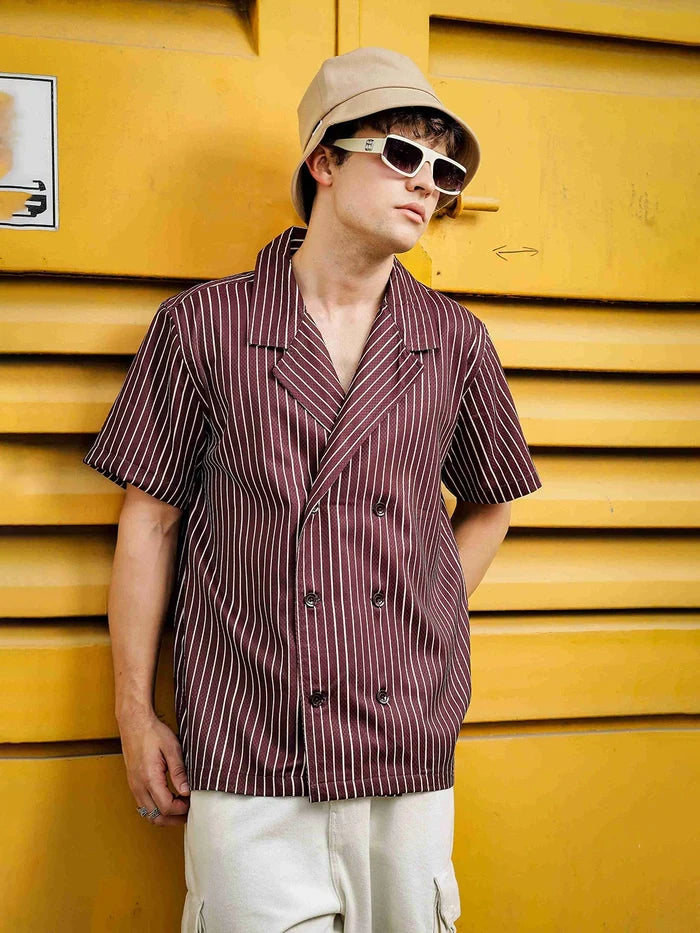 House Of Koala Brown Stripe Korean Notched Lapel Collar Resort Shirt