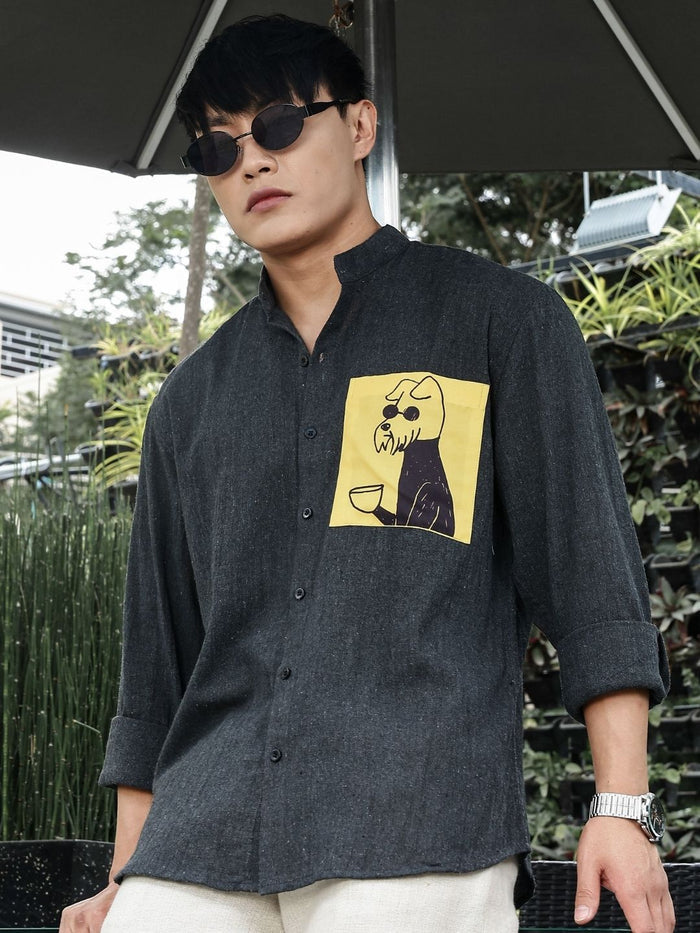 House Of Koala Charcoal Black Mandarin Collar Relaxed Fit Linen Blend Shirt
