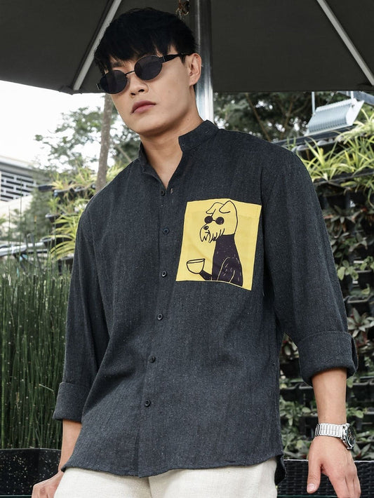House Of Koala Charcoal Black Mandarin Collar Relaxed Fit Linen Blend Shirt