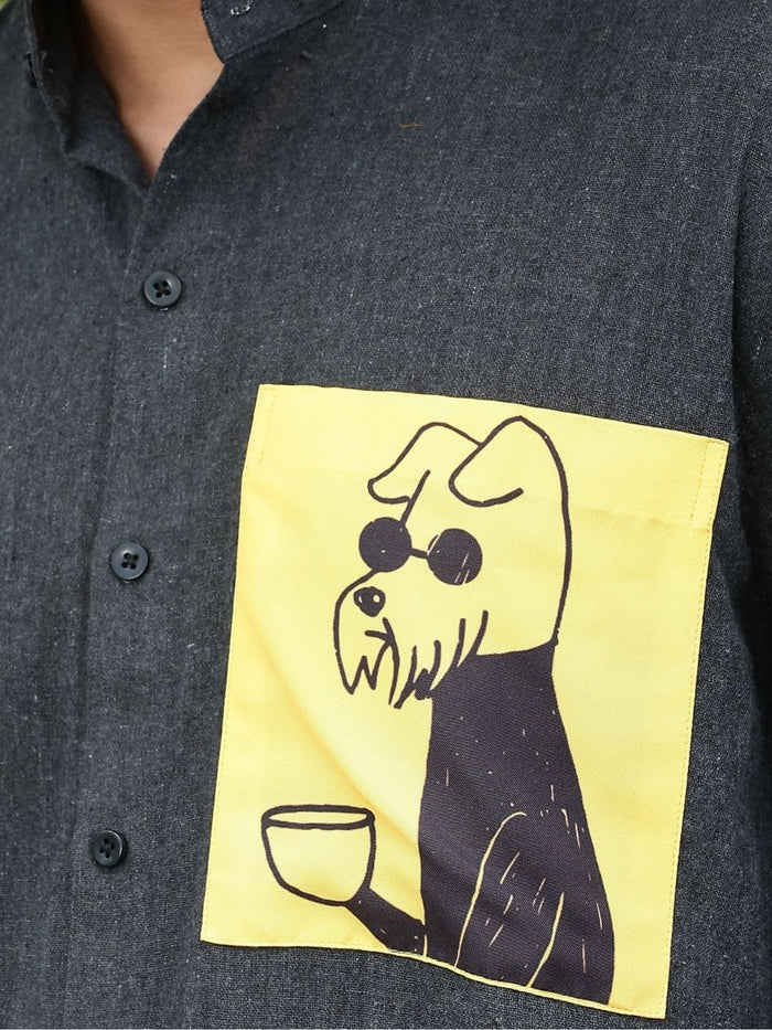 House Of Koala Charcoal Black Mandarin Collar Relaxed Fit Linen Blend Shirt