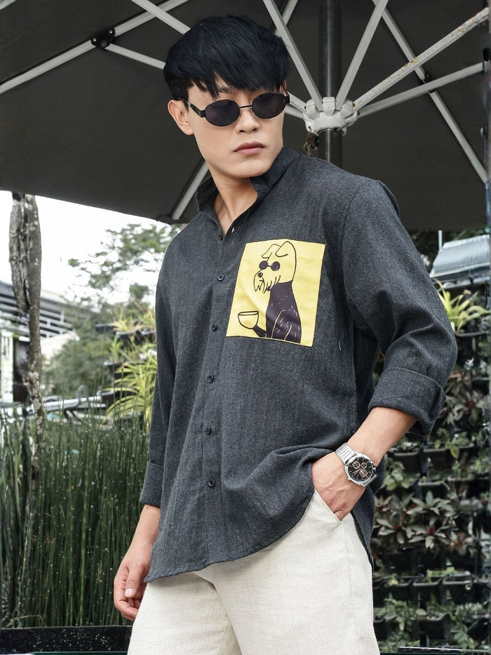 House Of Koala Charcoal Black Mandarin Collar Relaxed Fit Linen Blend Shirt