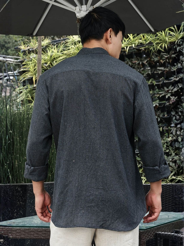 House Of Koala Charcoal Black Mandarin Collar Relaxed Fit Linen Blend Shirt