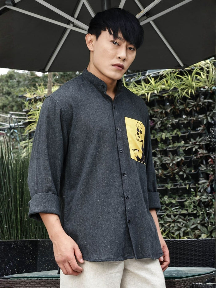 House Of Koala Charcoal Black Mandarin Collar Relaxed Fit Linen Blend Shirt