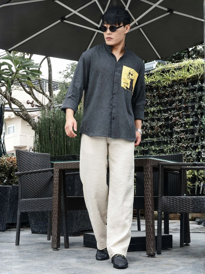 House Of Koala Charcoal Black Mandarin Collar Relaxed Fit Linen Blend Shirt