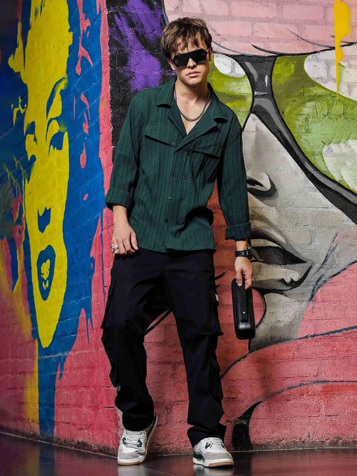 House Of Koala Green Knit Textured Ribbed Relaxed Fit Korean Shacket Shirt