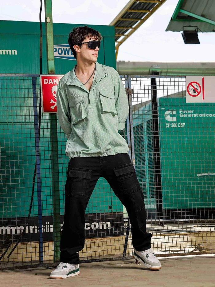 House Of Koala Green Oversized Textured Shirt Shacket