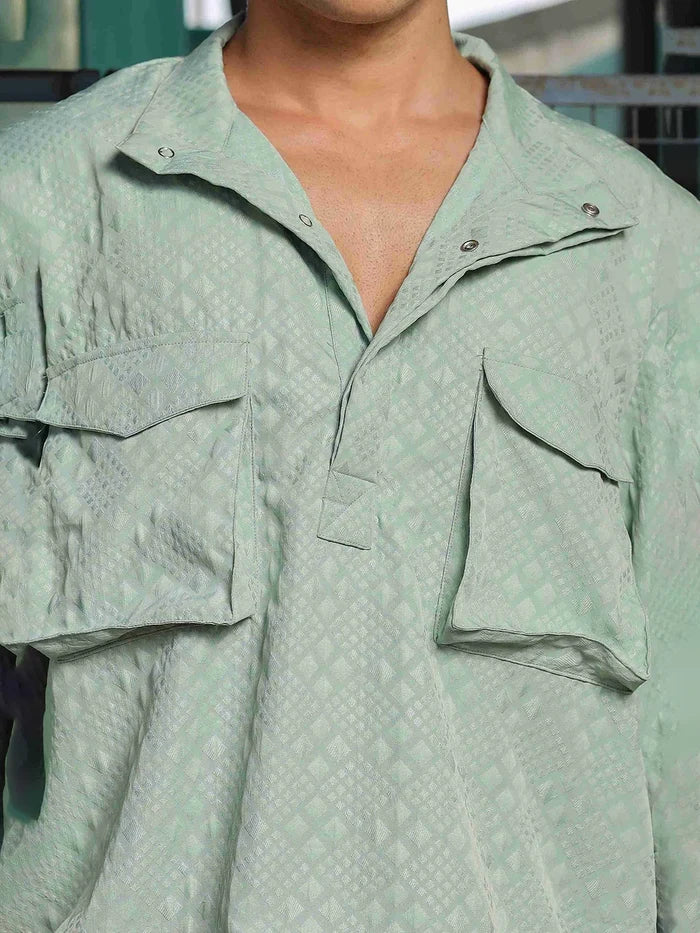 House Of Koala Green Oversized Textured Shirt Shacket