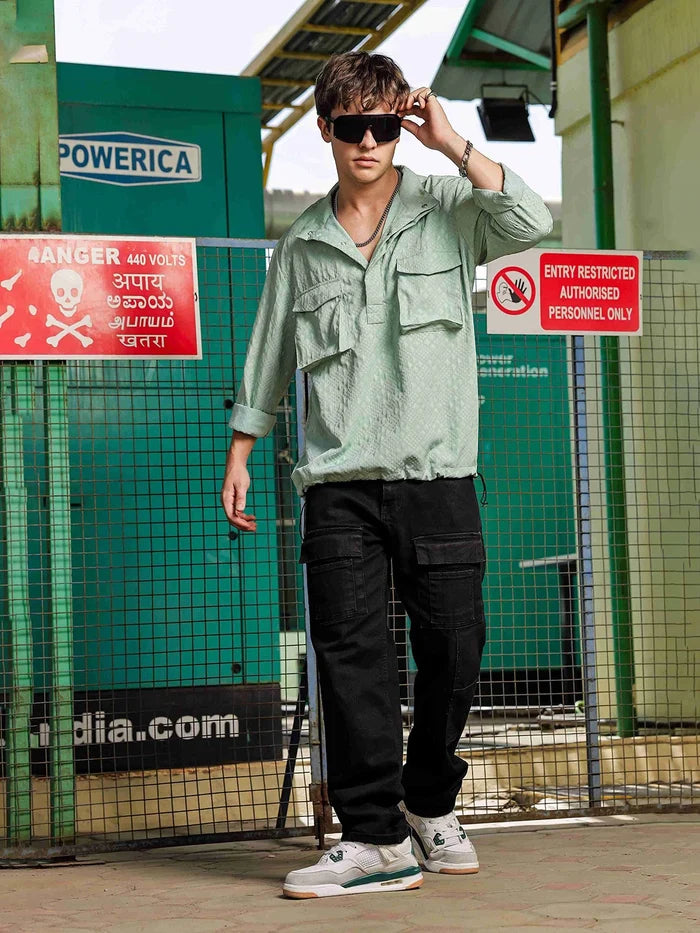 House Of Koala Green Oversized Textured Shirt Shacket