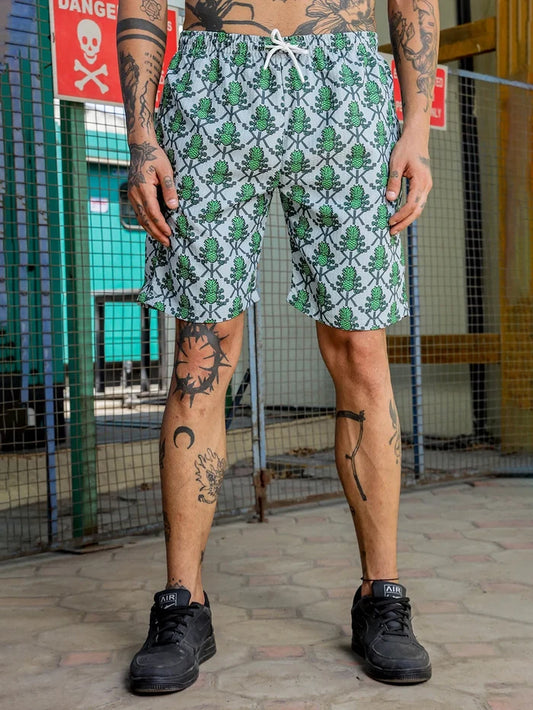 House Of Koala Green Pineapple Printed and Textured Relaxed Fit Shorts