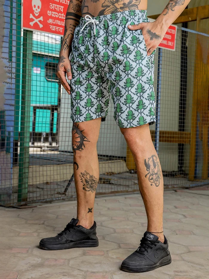 House Of Koala Green Pineapple Printed and Textured Relaxed Fit Shorts