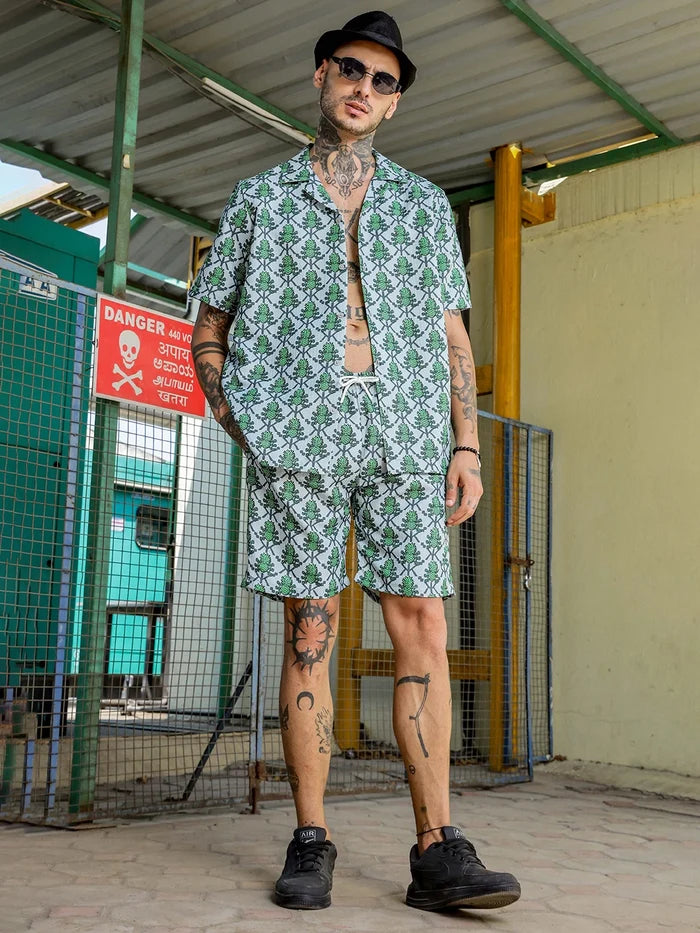 House Of Koala Green Pineapple Printed and Textured Relaxed Fit Shorts