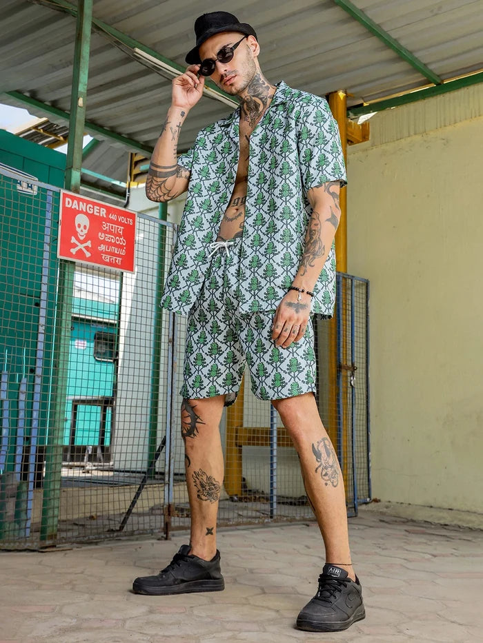 House Of Koala Green Pineapple Printed and Textured Relaxed Fit Shorts