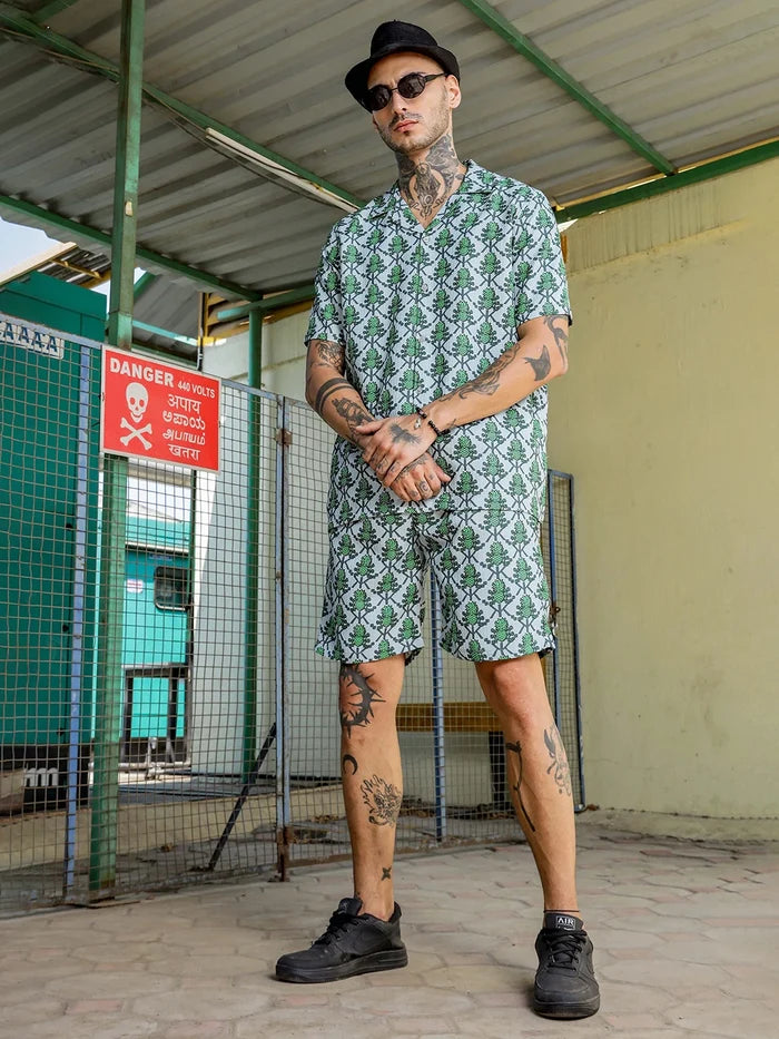 House Of Koala Green Pineapple Printed and Textured Relaxed Fit Shorts