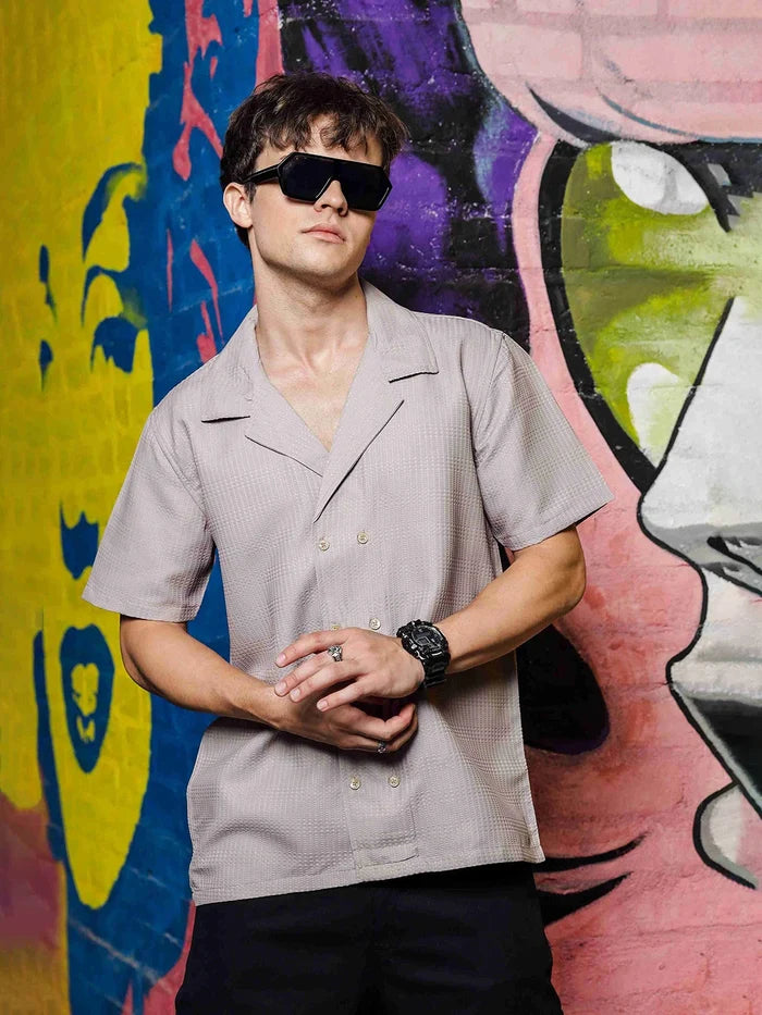 House Of Koala Grey Korean Fit Notched Lapel Collar Shirt