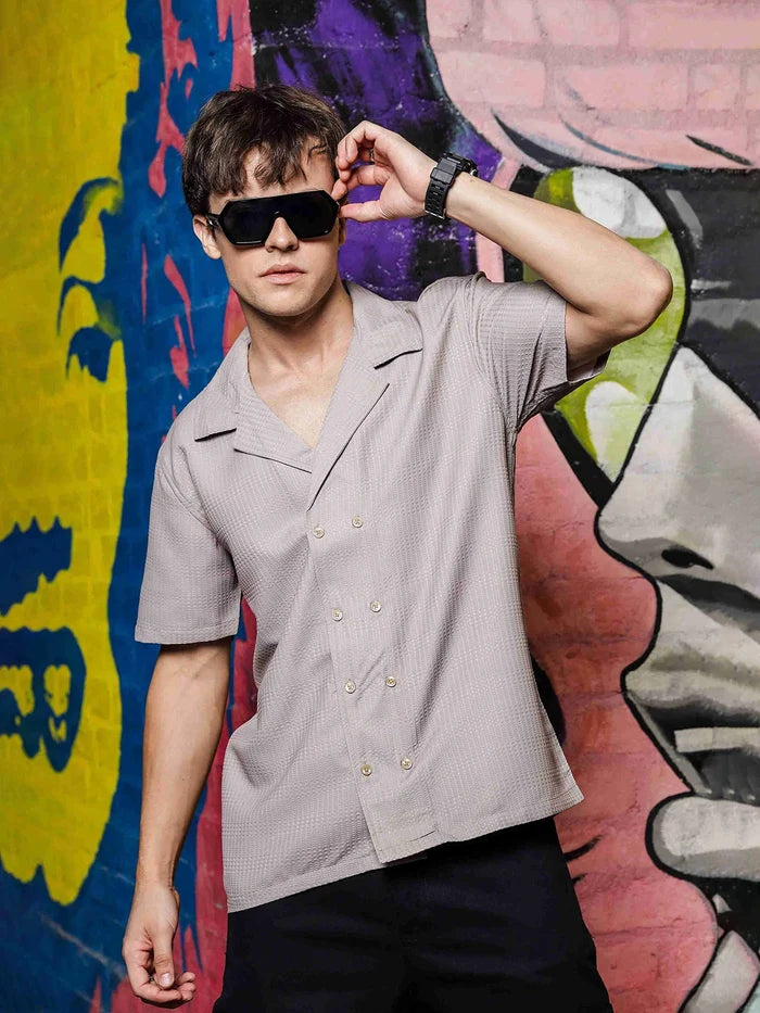 House Of Koala Grey Korean Fit Notched Lapel Collar Shirt