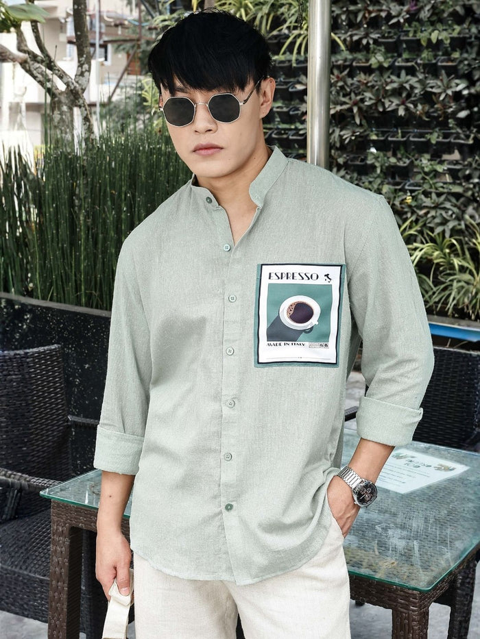 House Of Koala Khadi Blend Olive Green Mandarin Collar Relaxed Fit Shirt