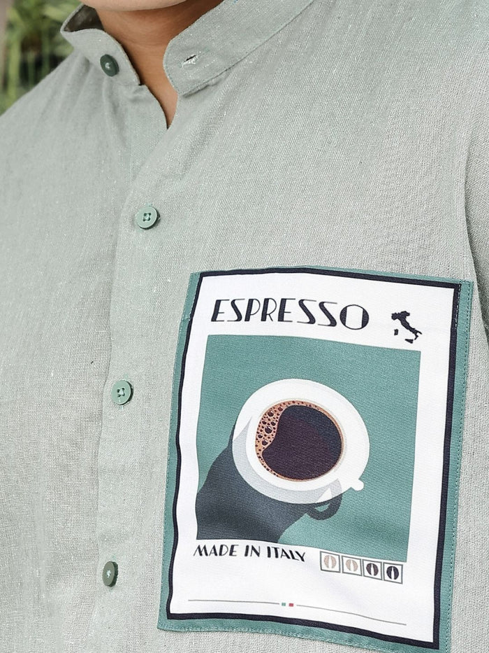 House Of Koala Khadi Blend Olive Green Mandarin Collar Relaxed Fit Shirt