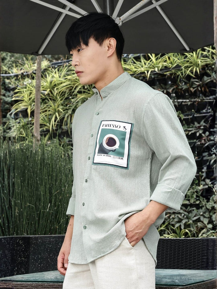 House Of Koala Khadi Blend Olive Green Mandarin Collar Relaxed Fit Shirt