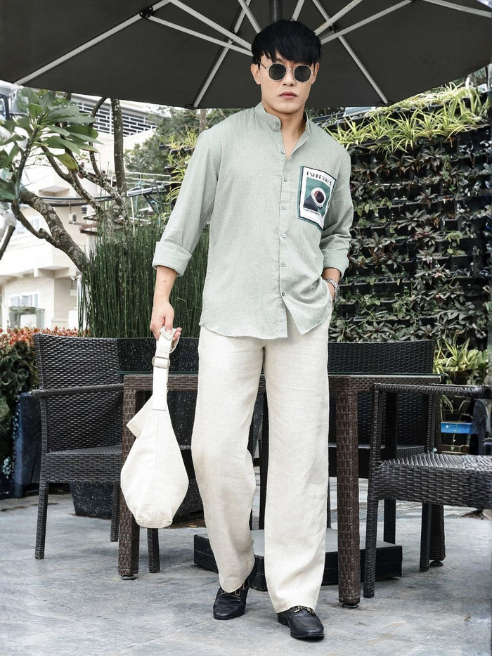 House Of Koala Khadi Blend Olive Green Mandarin Collar Relaxed Fit Shirt