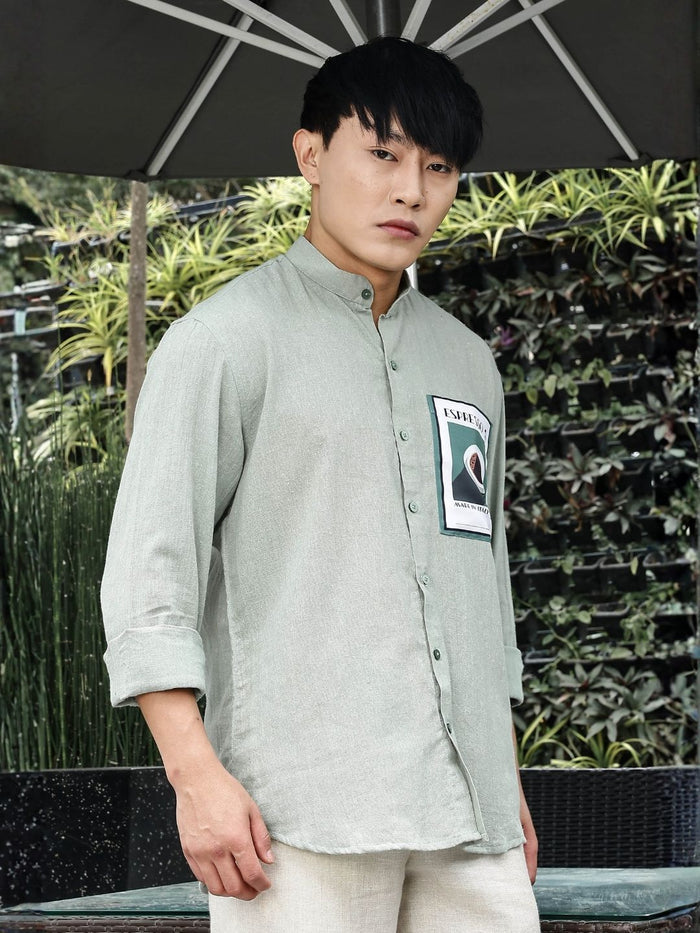 House Of Koala Khadi Blend Olive Green Mandarin Collar Relaxed Fit Shirt