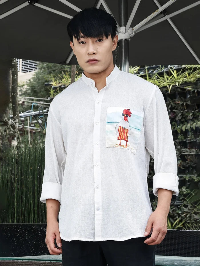 House Of Koala Khadi Blend White Mandarin Collar Relaxed Fit Shirt