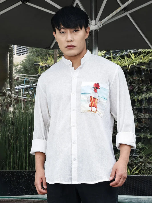 House Of Koala Khadi Blend White Mandarin Collar Relaxed Fit Shirt