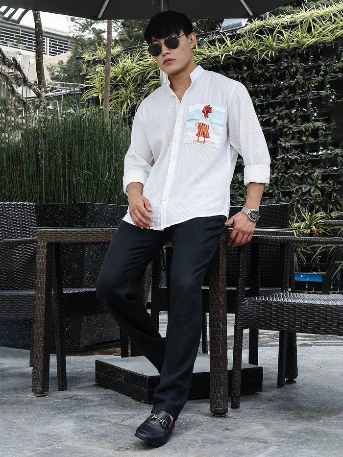 House Of Koala Khadi Blend White Mandarin Collar Relaxed Fit Shirt