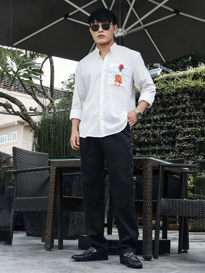House Of Koala Khadi Blend White Mandarin Collar Relaxed Fit Shirt