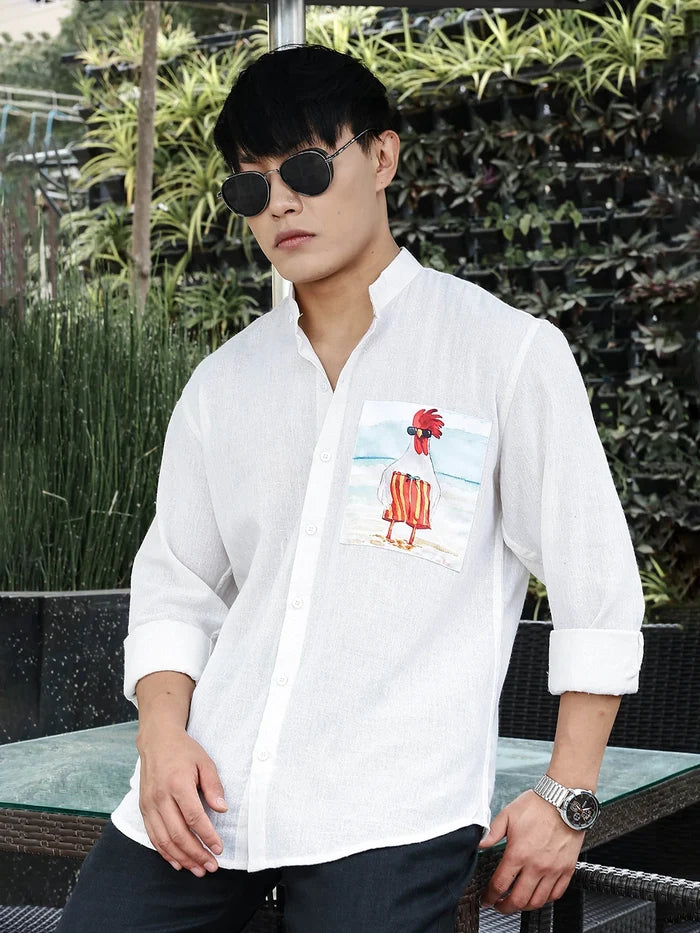 House Of Koala Khadi Blend White Mandarin Collar Relaxed Fit Shirt