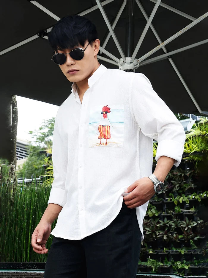 House Of Koala Khadi Blend White Mandarin Collar Relaxed Fit Shirt