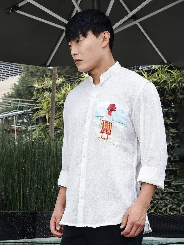House Of Koala Khadi Blend White Mandarin Collar Relaxed Fit Shirt