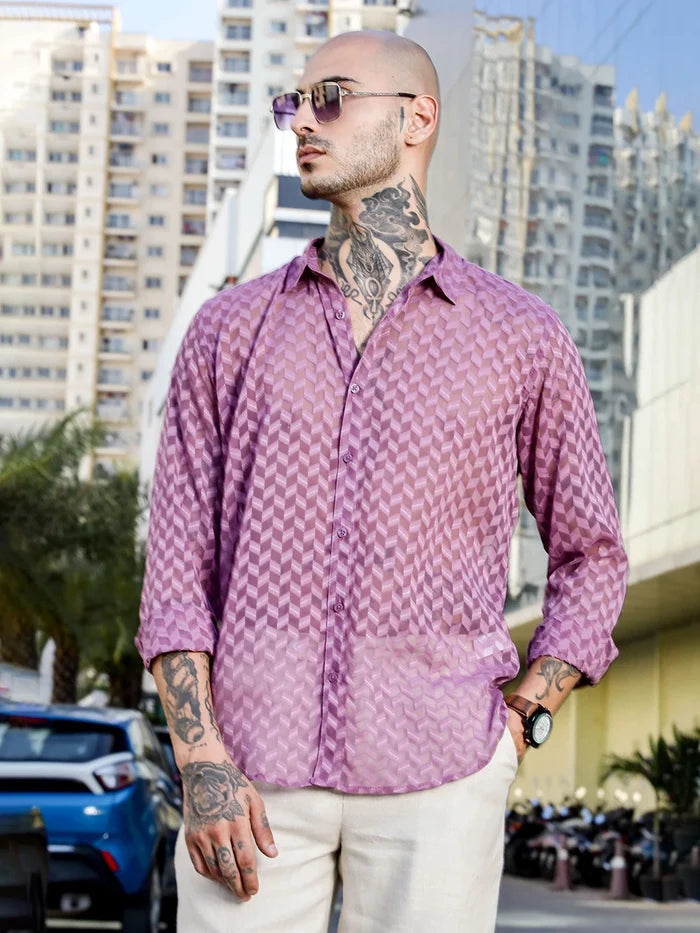 House Of Koala Lavender Classic Semi Sheer Georgette Relaxed Fit Shirt