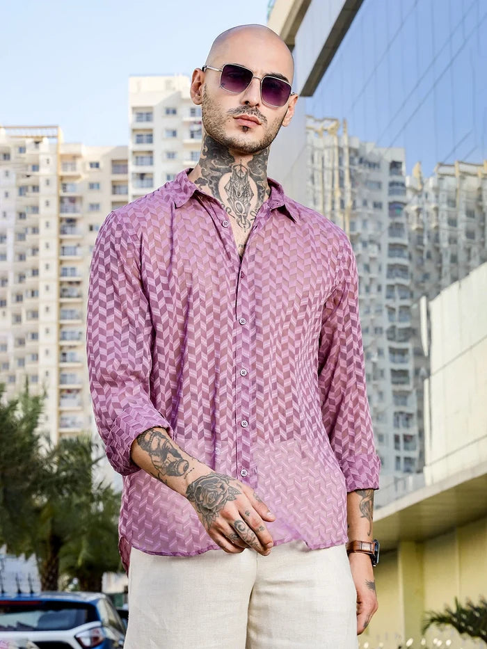House Of Koala Lavender Classic Semi Sheer Georgette Relaxed Fit Shirt