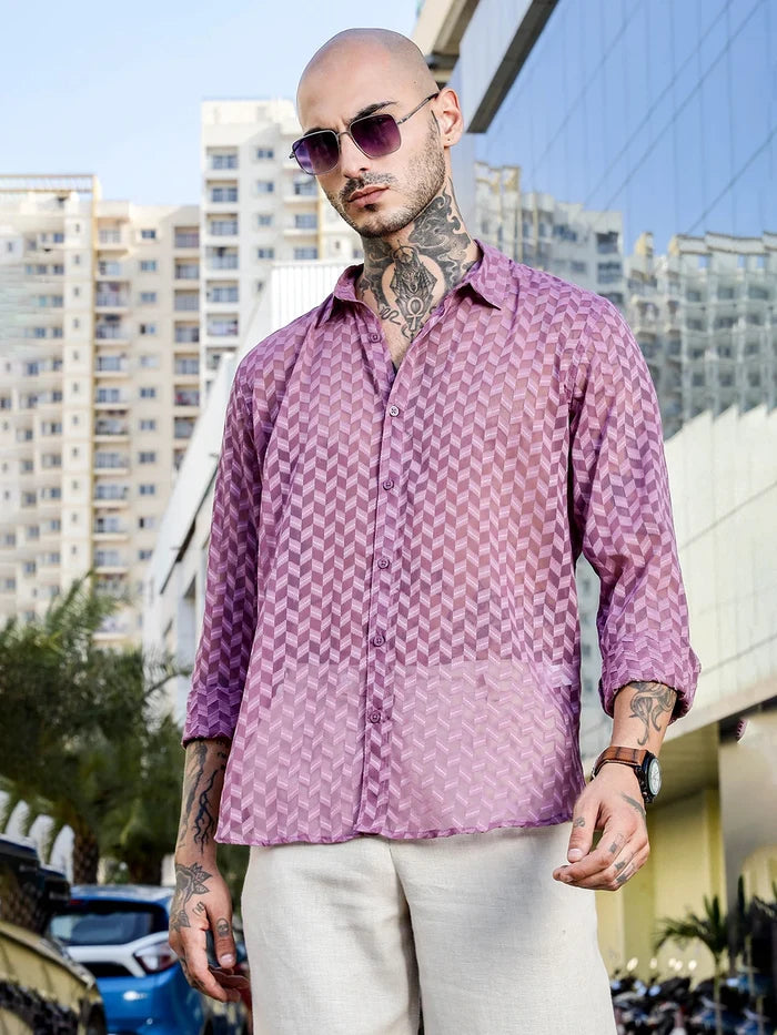 House Of Koala Lavender Classic Semi Sheer Georgette Relaxed Fit Shirt