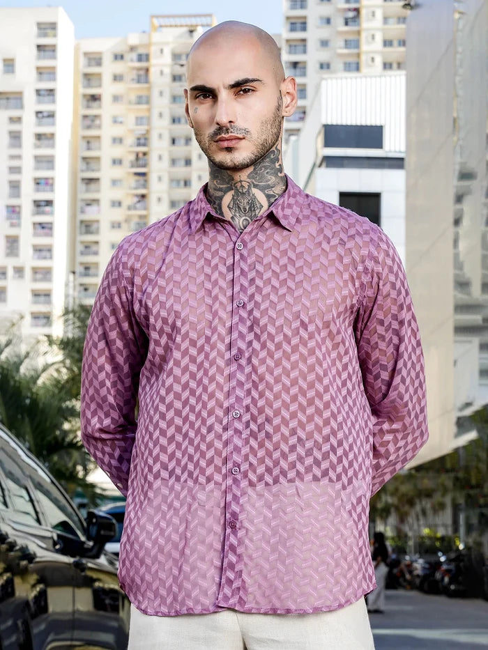 House Of Koala Lavender Classic Semi Sheer Georgette Relaxed Fit Shirt