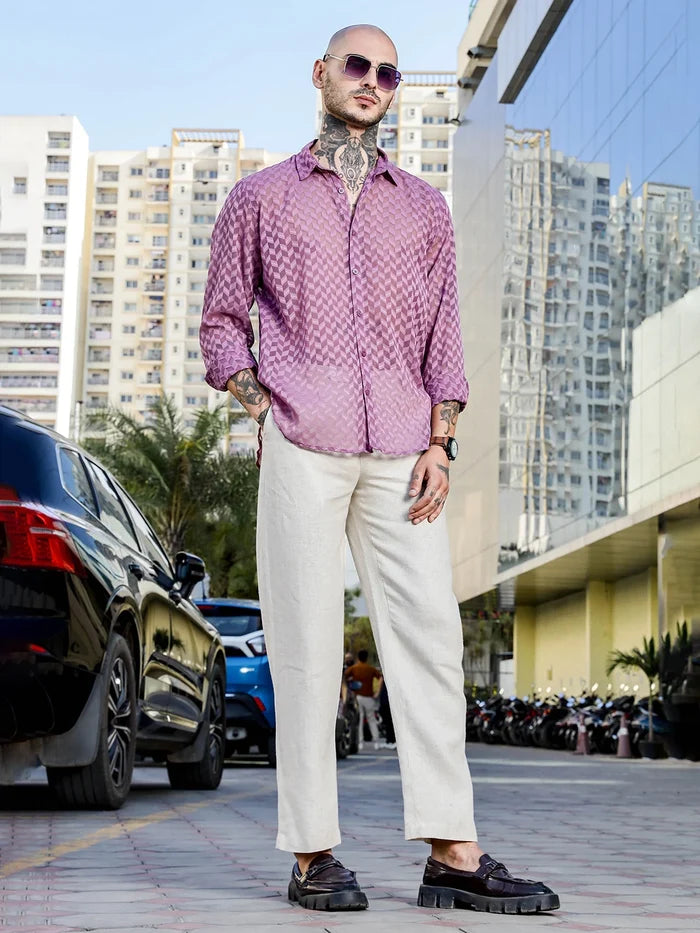 House Of Koala Lavender Classic Semi Sheer Georgette Relaxed Fit Shirt