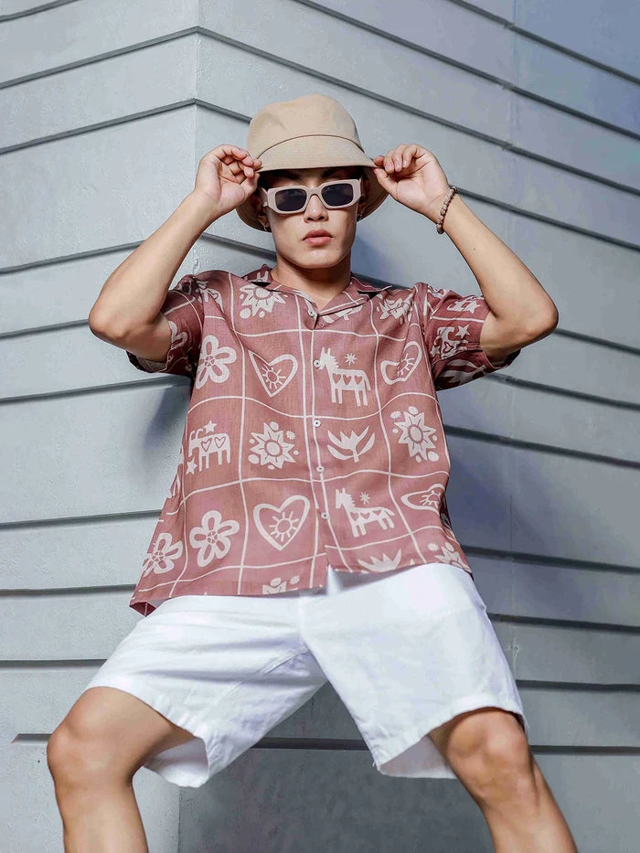House Of Koala Linen Blend Abstract Tile Print Cuban Collar Oversized Resort Shirt