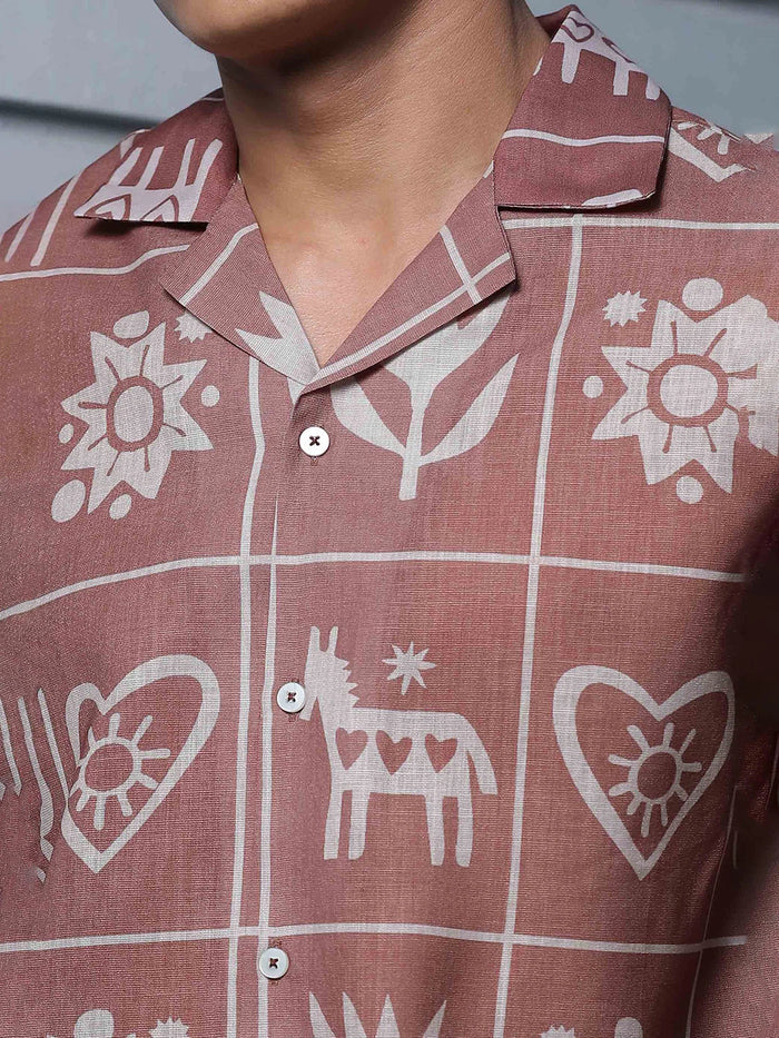 House Of Koala Linen Blend Abstract Tile Print Cuban Collar Oversized Resort Shirt