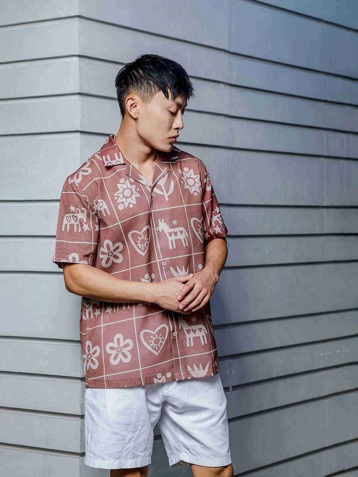 House Of Koala Linen Blend Abstract Tile Print Cuban Collar Oversized Resort Shirt