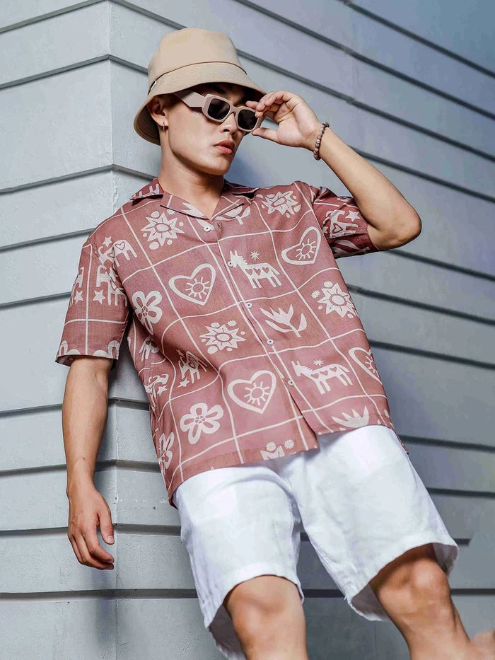 House Of Koala Linen Blend Abstract Tile Print Cuban Collar Oversized Resort Shirt