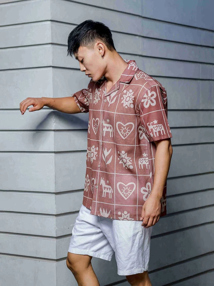 House Of Koala Linen Blend Abstract Tile Print Cuban Collar Oversized Resort Shirt