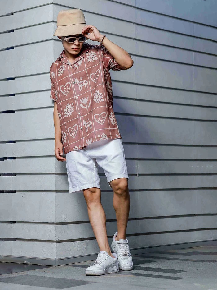 House Of Koala Linen Blend Abstract Tile Print Cuban Collar Oversized Resort Shirt