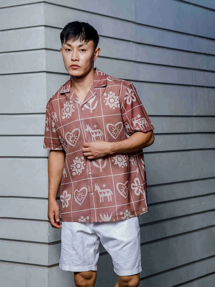 House Of Koala Linen Blend Abstract Tile Print Cuban Collar Oversized Resort Shirt