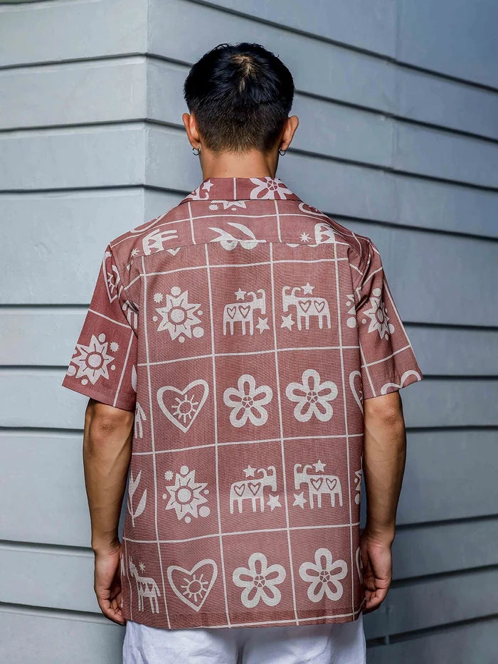 House Of Koala Linen Blend Abstract Tile Print Cuban Collar Oversized Resort Shirt