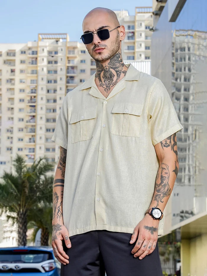 House Of Koala Linen Blend Beige Cuban Collar Classic Relaxed Fit Shirt