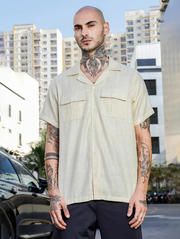 House Of Koala Linen Blend Beige Cuban Collar Classic Relaxed Fit Shirt