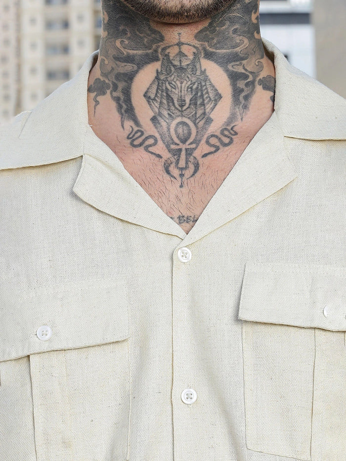 House Of Koala Linen Blend Beige Cuban Collar Classic Relaxed Fit Shirt