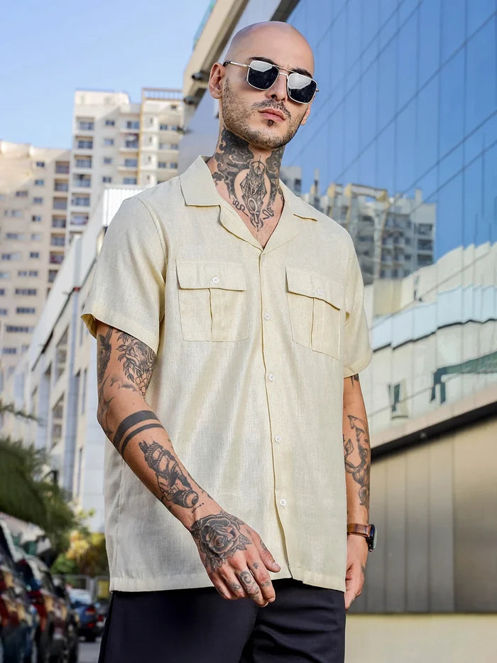 House Of Koala Linen Blend Beige Cuban Collar Classic Relaxed Fit Shirt