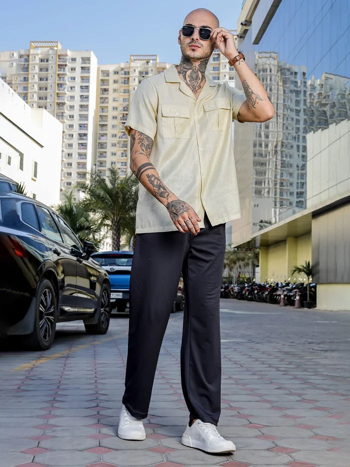 House Of Koala Linen Blend Beige Cuban Collar Classic Relaxed Fit Shirt